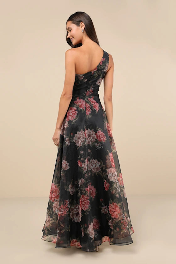 Black Chiffon One Shoulder A-Line Floor-Length Evening Dress