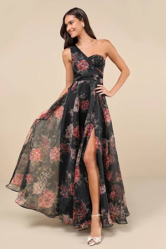 Black Chiffon One Shoulder A-Line Floor-Length Evening Dress