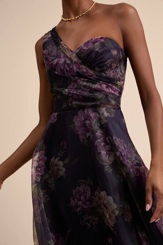 Black Chiffon One Shoulder A-Line Floor-Length Evening Dress