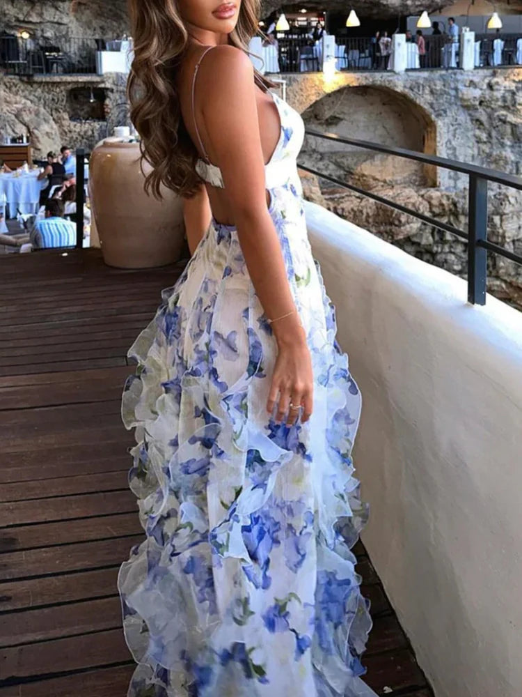 Glamorous Romantic Fitted A-Line Spaghetti Strap Sleeveless Backless Floor-Length Ruffled Tiered Floral Print Prom Dresses