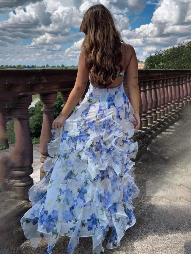 Glamorous Romantic Fitted A-Line Spaghetti Strap Sleeveless Backless Floor-Length Ruffled Tiered Floral Print Prom Dresses