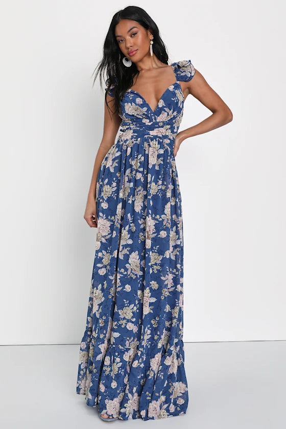 Blue Floral Chiffon A-Line V-Neck Floor-Length Bridesmaid Dress