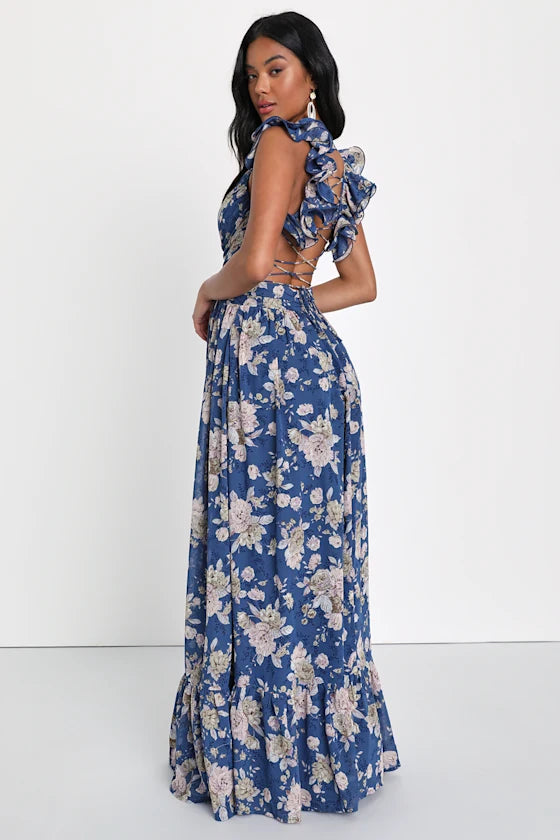 Glamorous Romantic Fitted A-Line V-Neck Ruffle Strap Lace-Up Back Maxi Floral Prom Dresses