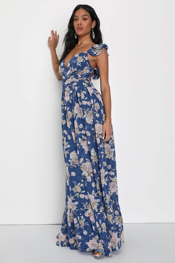 Glamorous Romantic Fitted A-Line V-Neck Ruffle Strap Lace-Up Back Maxi Floral Prom Dresses