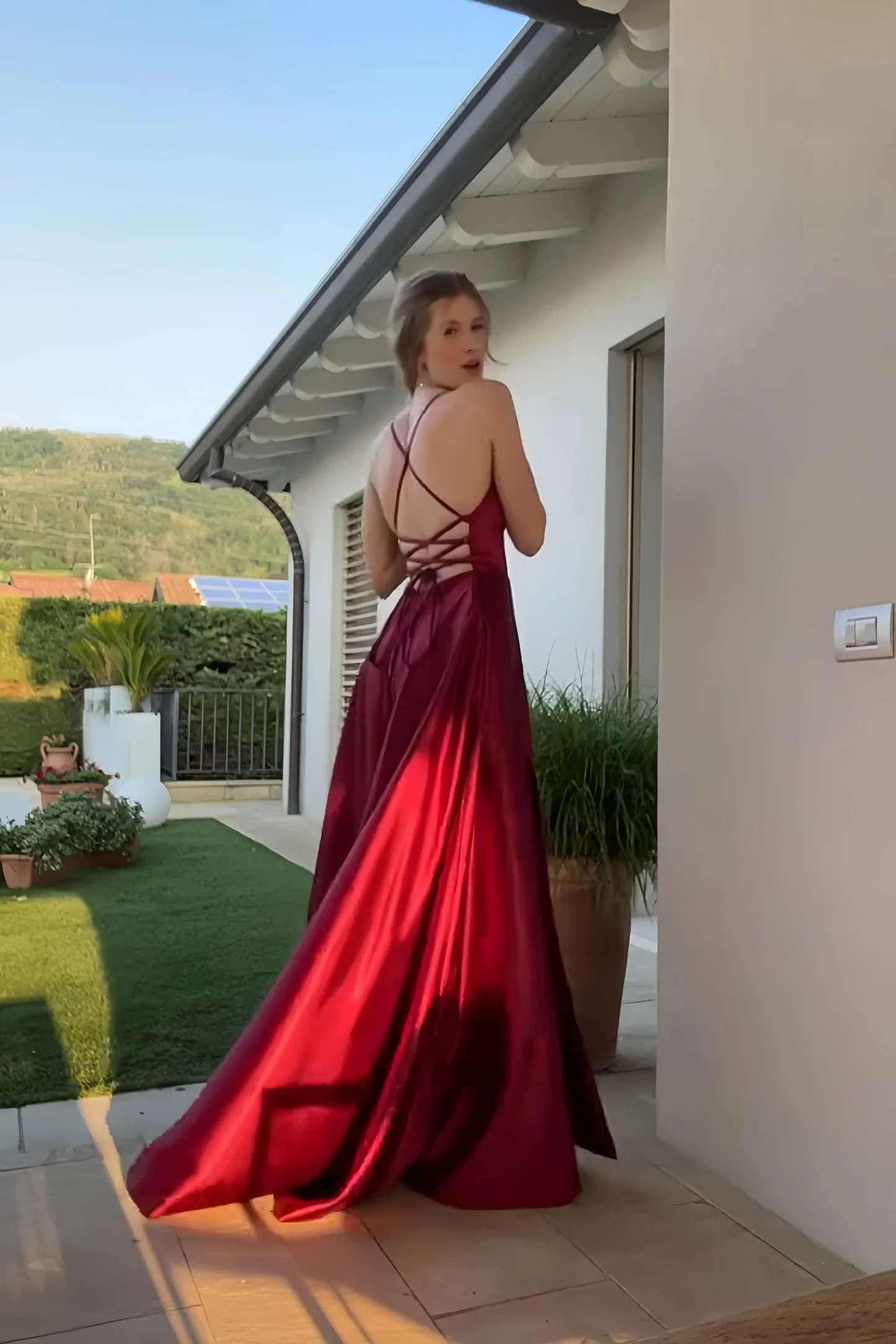 Glamorous Satin A-Line Spaghetti-Strap Sleeveless Lace-Up-Back Slit Floor Length Evening Dress