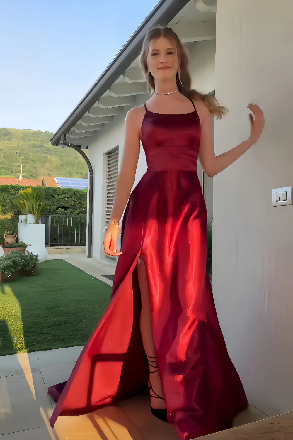 Glamorous Satin A-Line Spaghetti-Strap Sleeveless Lace-Up-Back Slit Floor Length Evening Dress