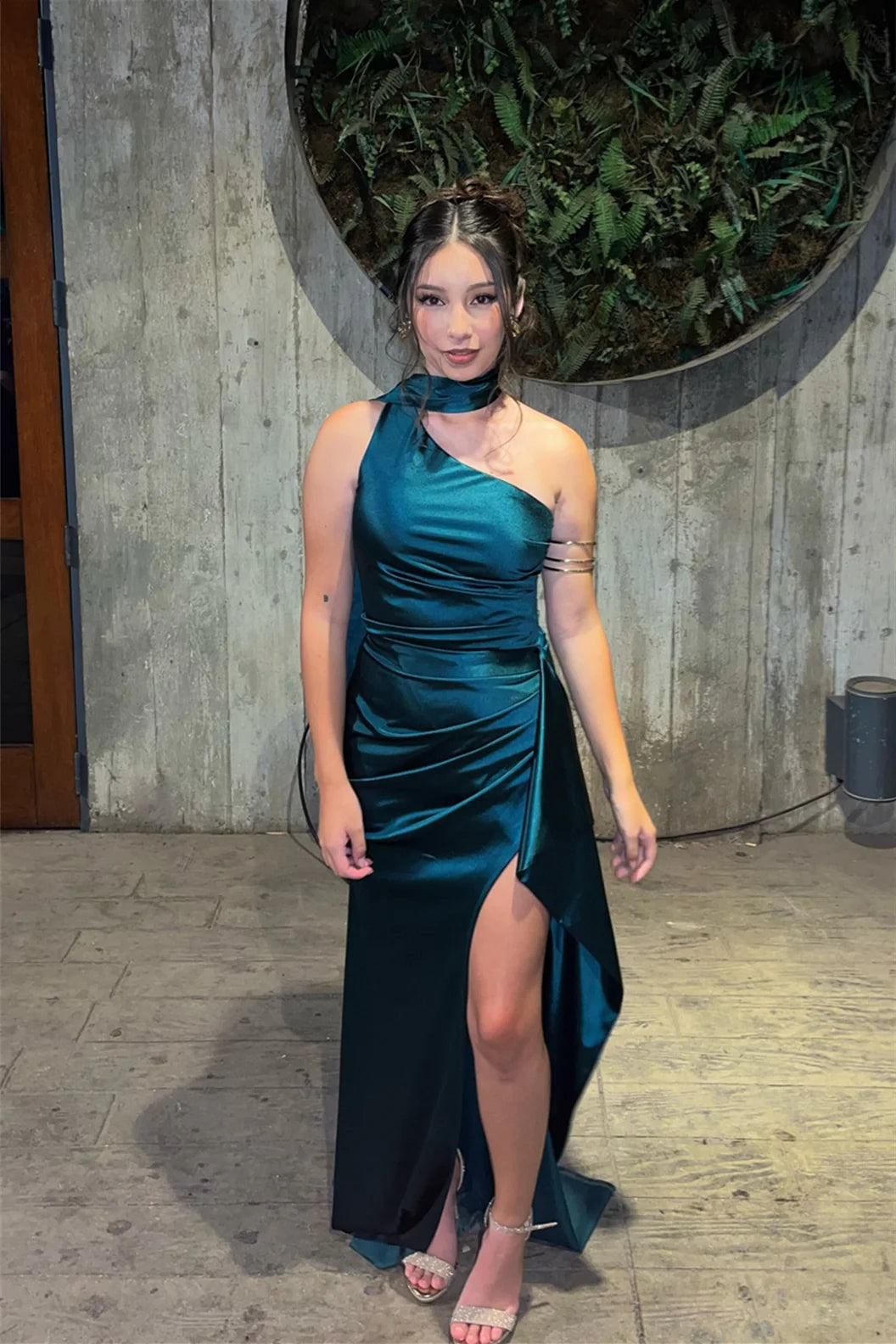 Glamorous Satin Prom Dresses with One-Shoulder Neckline, Lace-Up Back, High Slit and Ruched Bodice Formal Gown