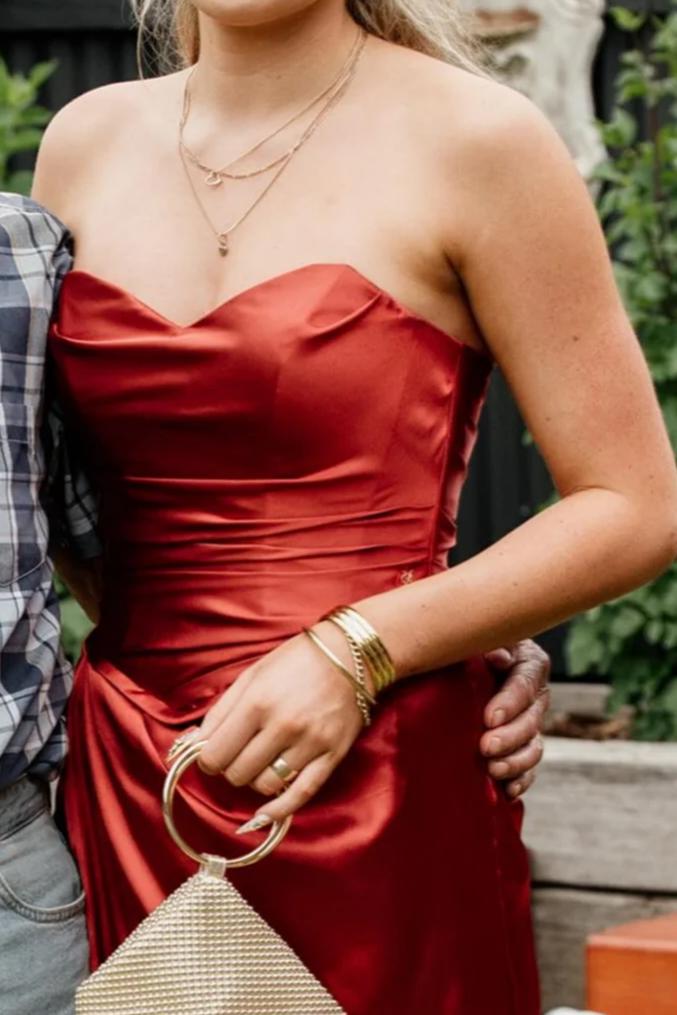 Red Satin A-Line Sweetheart Floor-Length Evening Dress with Draped Bodice and High Slit
