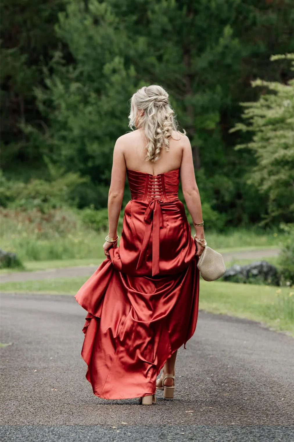 Red Satin A-Line Sweetheart Floor-Length Evening Dress with Draped Bodice and High Slit