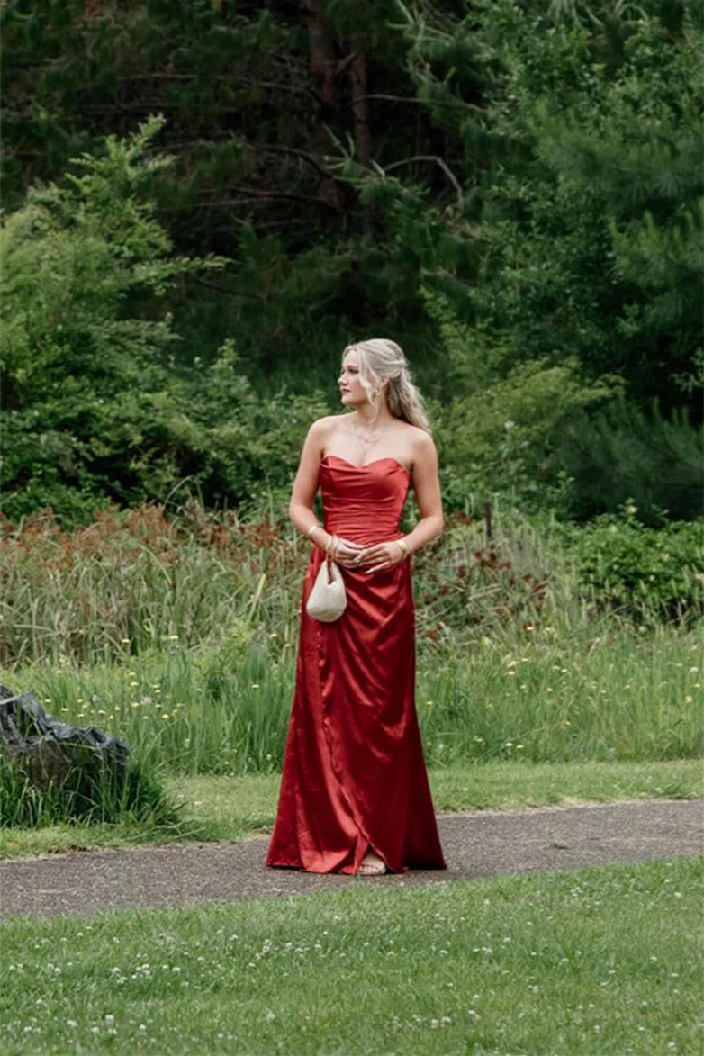 Glamorous Satin Prom Dresses with Strapless Sweetheart Neckline, Ruched Bodice, Lace-Up Back Bow Detail, Daring High Slit and Voluminous Train Formal Gown