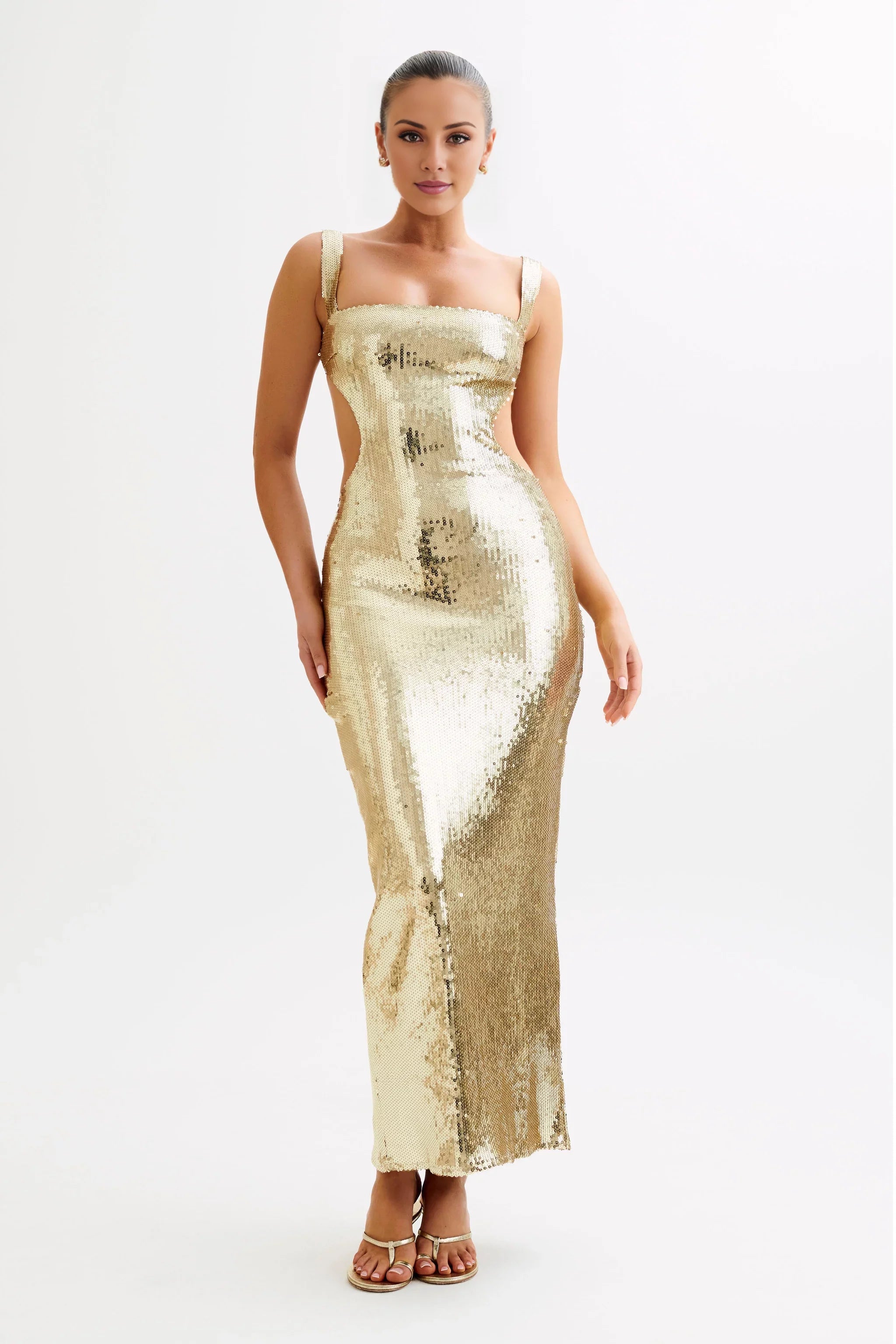 Glamorous Sequin Square-Neck Sleeveless Cut-Out Back Floor-Length Evening Dress