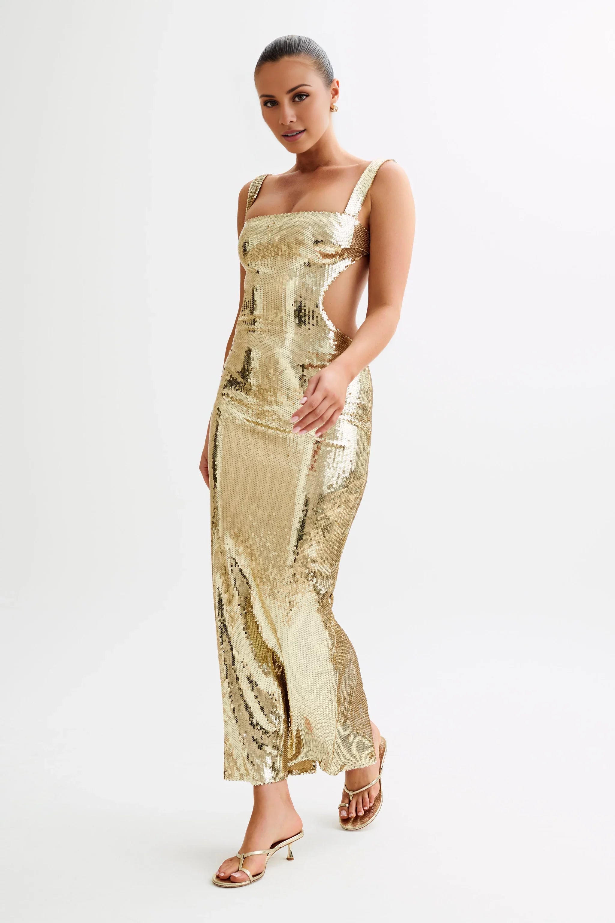 Glamorous Sequin Square-Neck Sleeveless Cut-Out Back Floor-Length Evening Dress