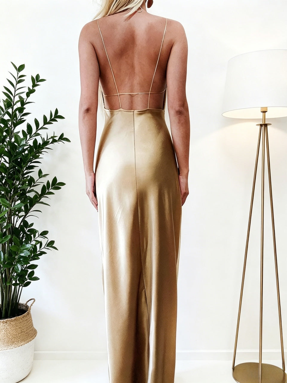 Glamorous Slip V Neck Front Knot Crisscross Thin Strap Open Back Slit Satin Maxi Bridesmaid Evening Gown