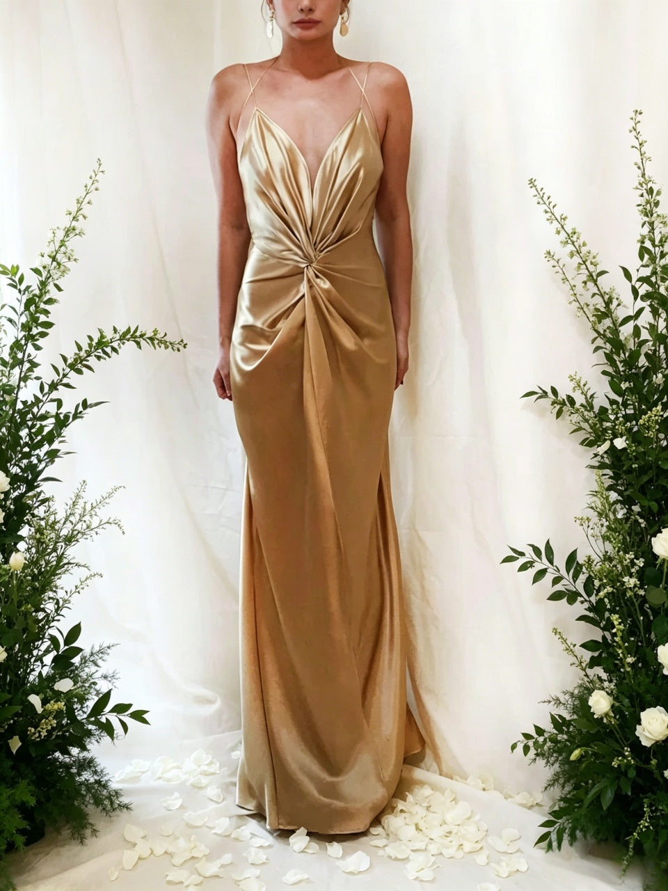 Glamorous Slip V Neck Front Knot Crisscross Thin Strap Open Back Slit Satin Maxi Bridesmaid Evening Gown