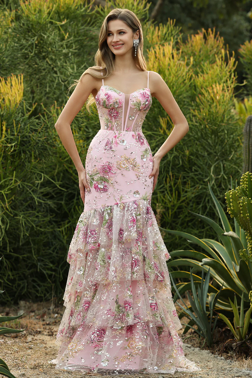 Glamorous Spaghetti Strap Floral Embroidered Mermaid Prom Dress with Tiered Ruffle Skirt and High Slit