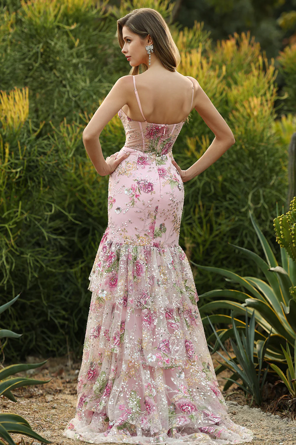 Glamorous Spaghetti Strap Floral Embroidered Mermaid Prom Dress with Tiered Ruffle Skirt and High Slit