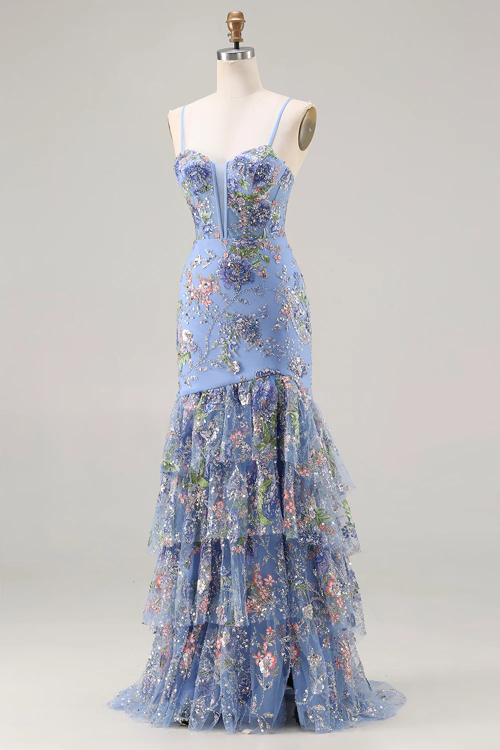 Glamorous Spaghetti Strap Floral Embroidered Mermaid Prom Dress with Tiered Ruffle Skirt and High Slit