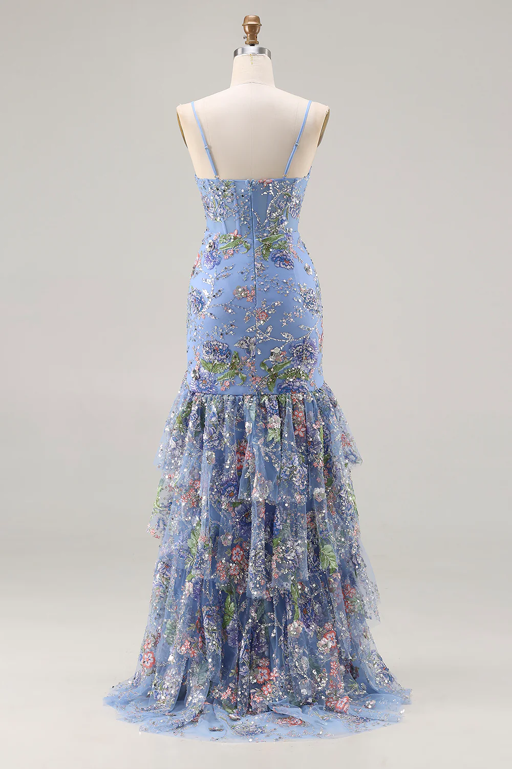 Glamorous Spaghetti Strap Floral Embroidered Mermaid Prom Dress with Tiered Ruffle Skirt and High Slit