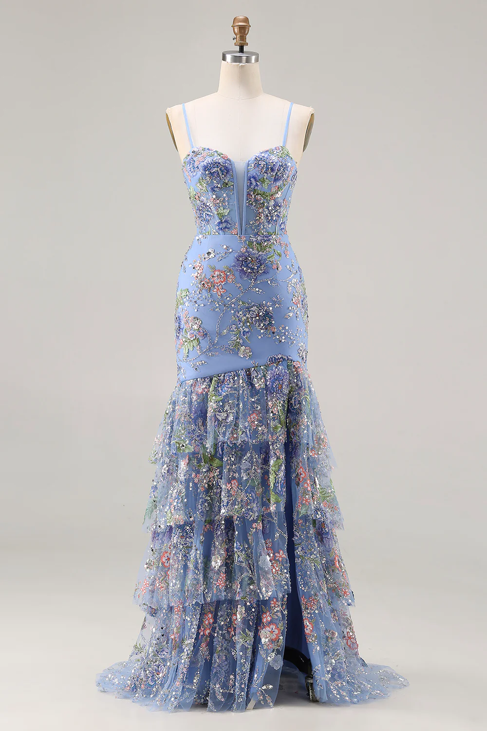 Glamorous Spaghetti Strap Floral Embroidered Mermaid Prom Dress with Tiered Ruffle Skirt and High Slit