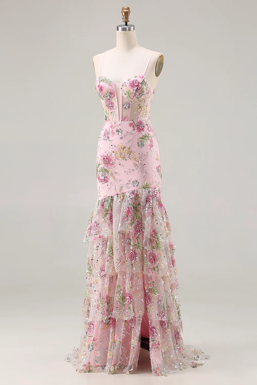 Glamorous Spaghetti Strap Floral Embroidered Mermaid Prom Dress with Tiered Ruffle Skirt and High Slit