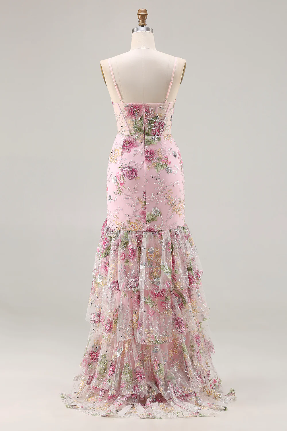 Glamorous Spaghetti Strap Floral Embroidered Mermaid Prom Dress with Tiered Ruffle Skirt and High Slit