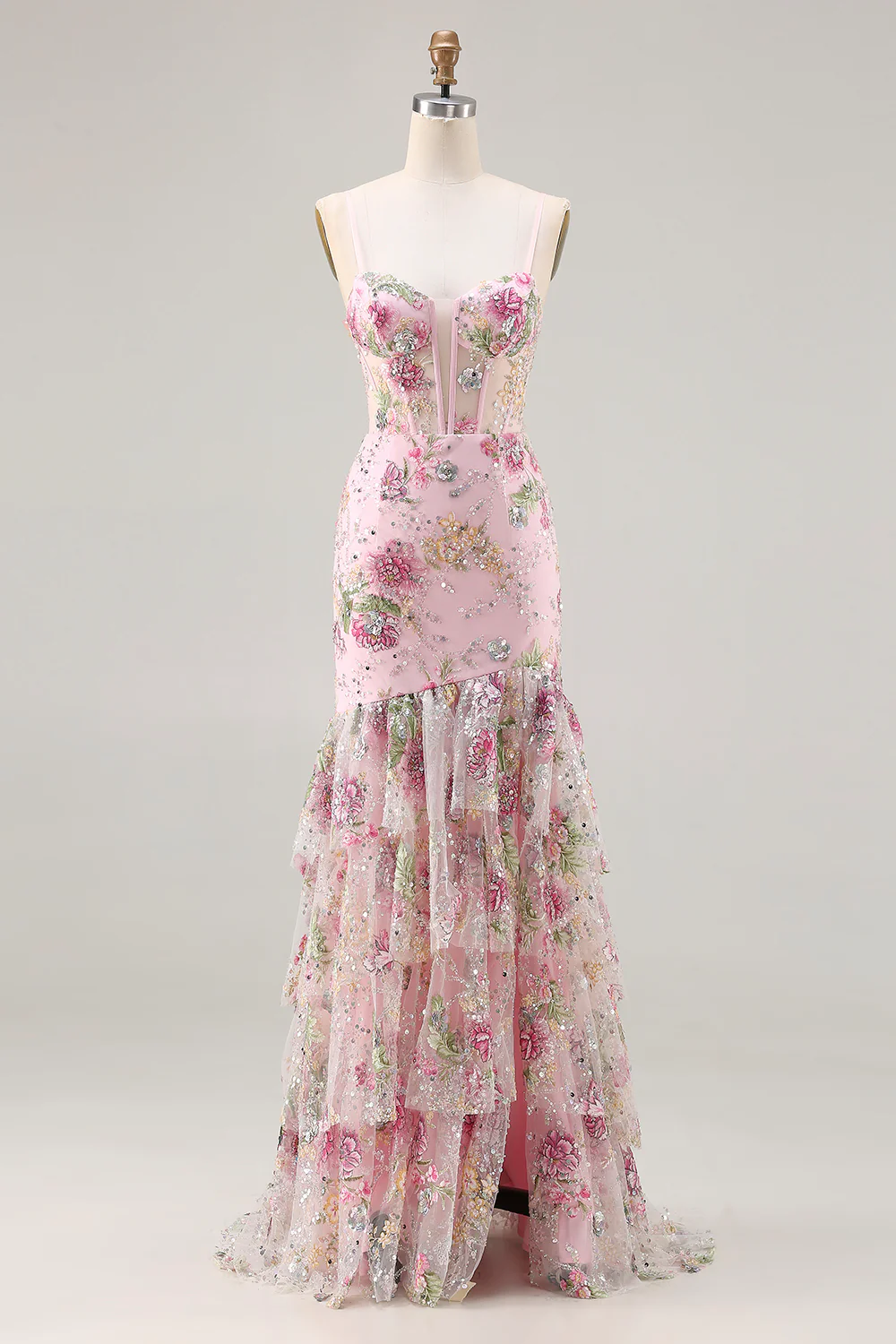 Glamorous Spaghetti Strap Floral Embroidered Mermaid Prom Dress with Tiered Ruffle Skirt and High Slit