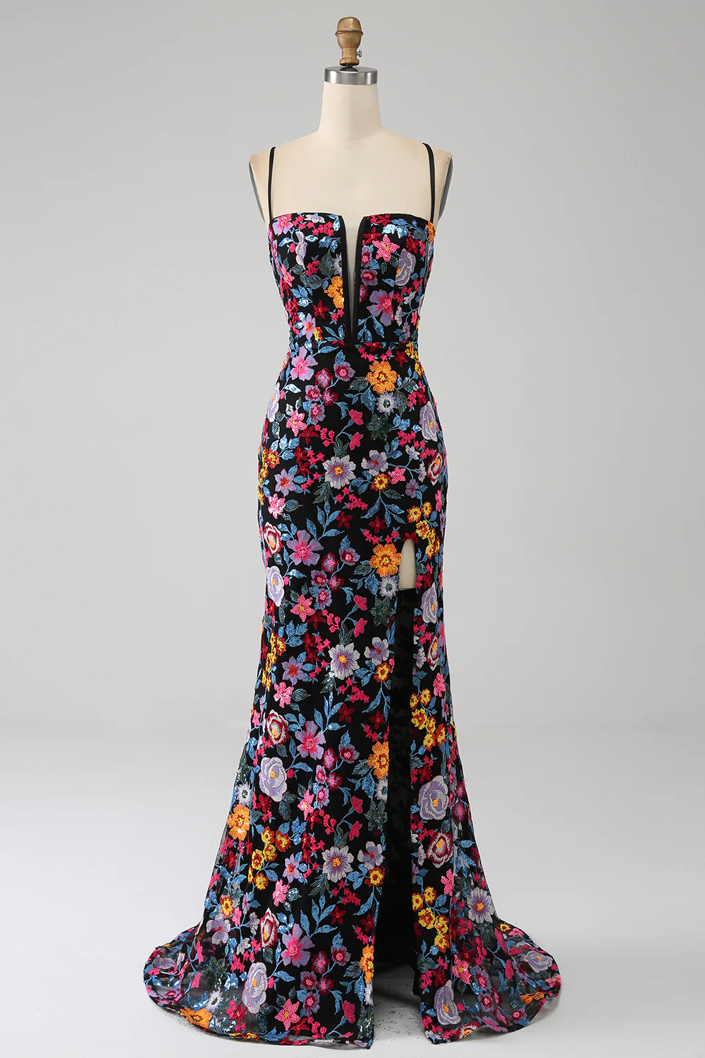 Glamorous Spaghetti Strap Floral Sequin Mermaid Prom Dress with Lace-Up Back and High Slit
