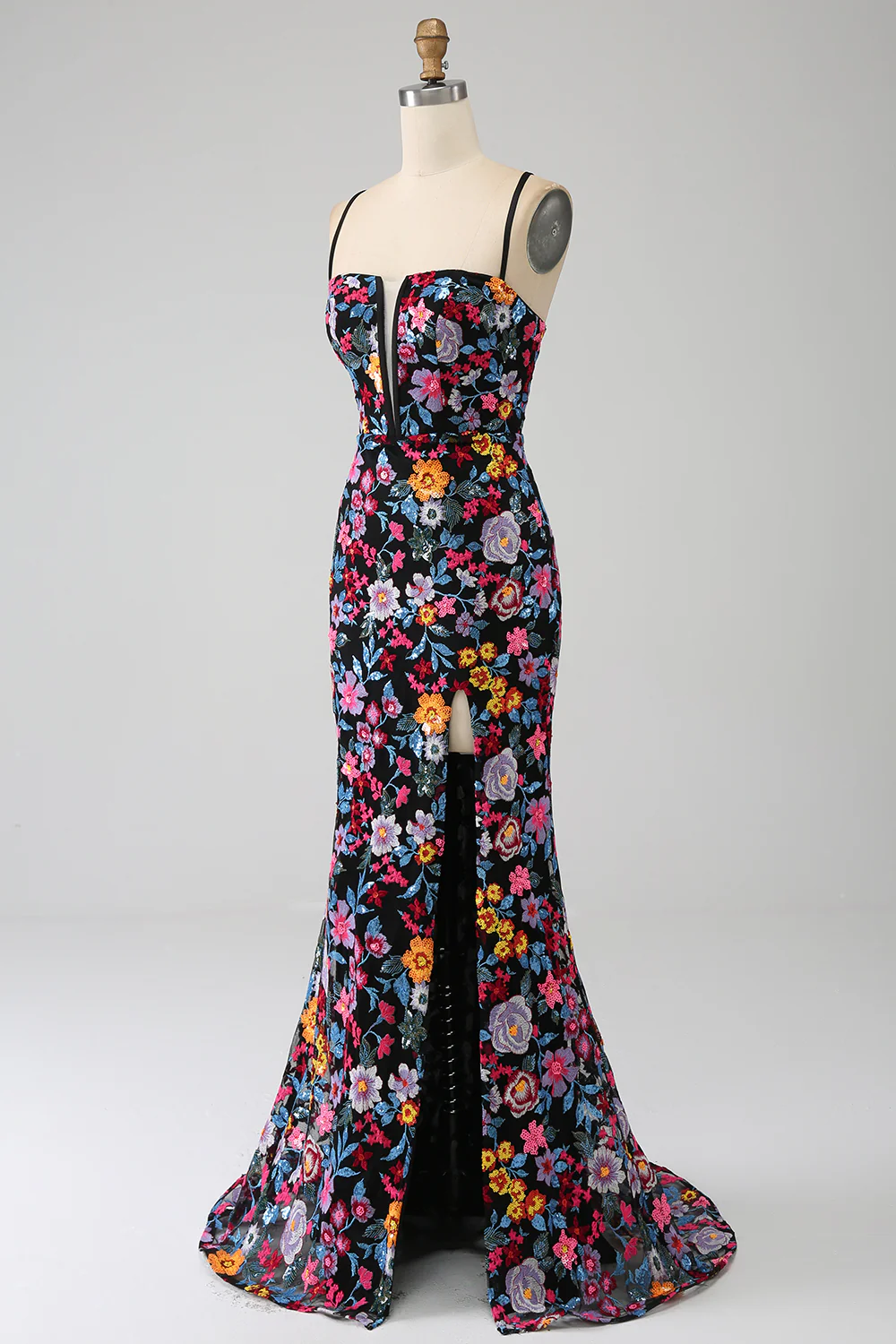 Glamorous Spaghetti Strap Floral Sequin Mermaid Prom Dress with Lace-Up Back and High Slit