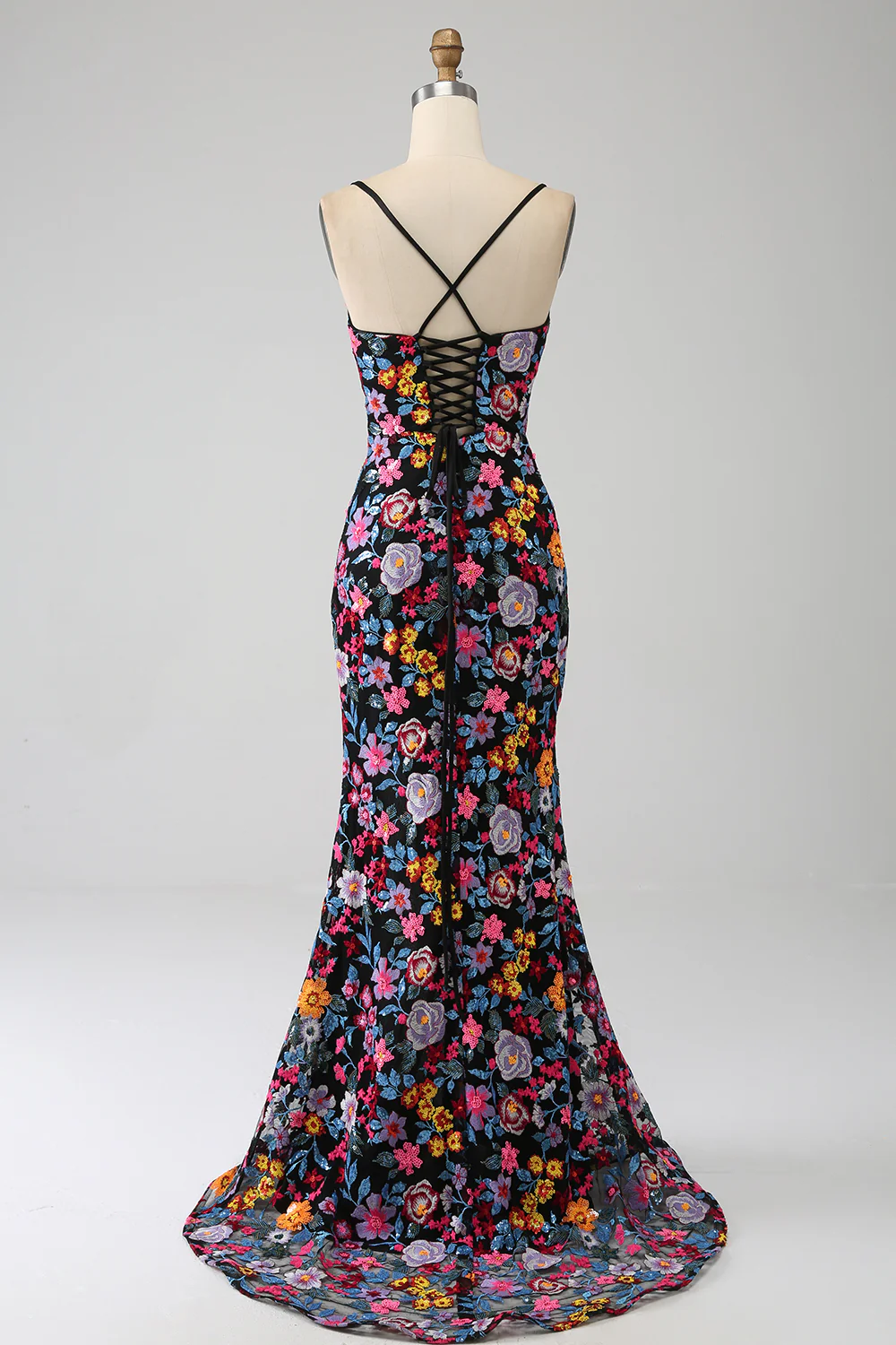 Glamorous Spaghetti Strap Floral Sequin Mermaid Prom Dress with Lace-Up Back and High Slit