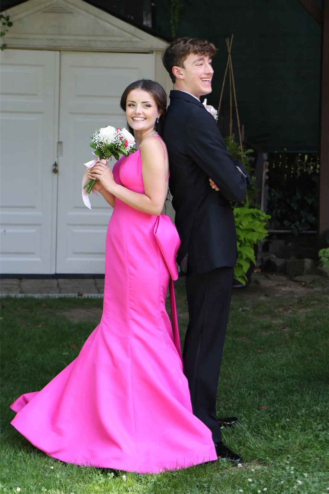Pink Satin Mermaid Floor-Length Dress with V-Neck and Large Back Bow