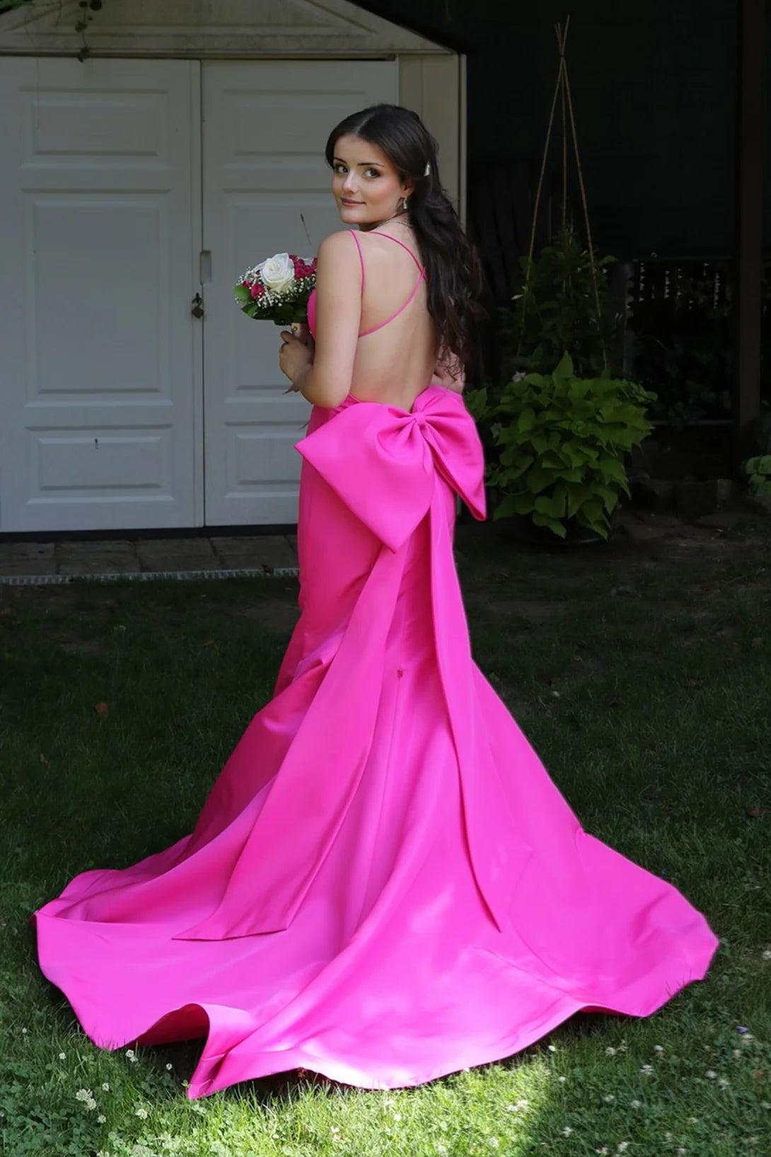 Pink Satin Mermaid Floor-Length Dress with V-Neck and Large Back Bow