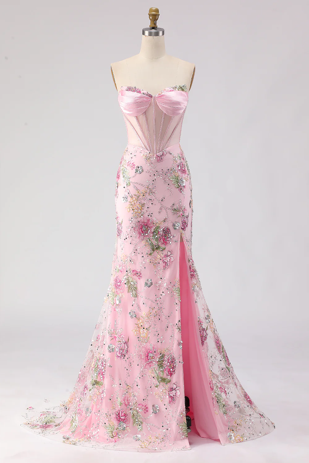 Glamorous Strapless Corset Beaded Floral Lace-Up Back Mermaid Prom Dress with High Slit