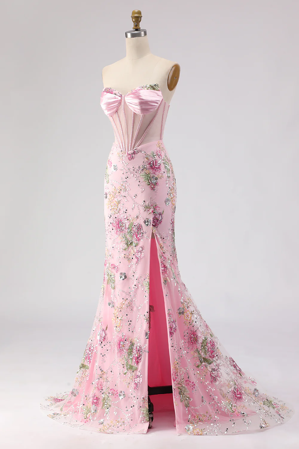 Glamorous Strapless Corset Beaded Floral Lace-Up Back Mermaid Prom Dress with High Slit