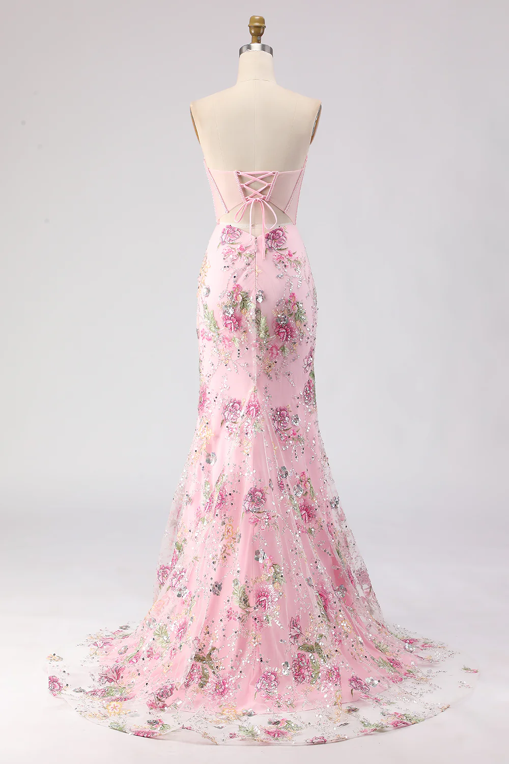 Glamorous Strapless Corset Beaded Floral Lace-Up Back Mermaid Prom Dress with High Slit