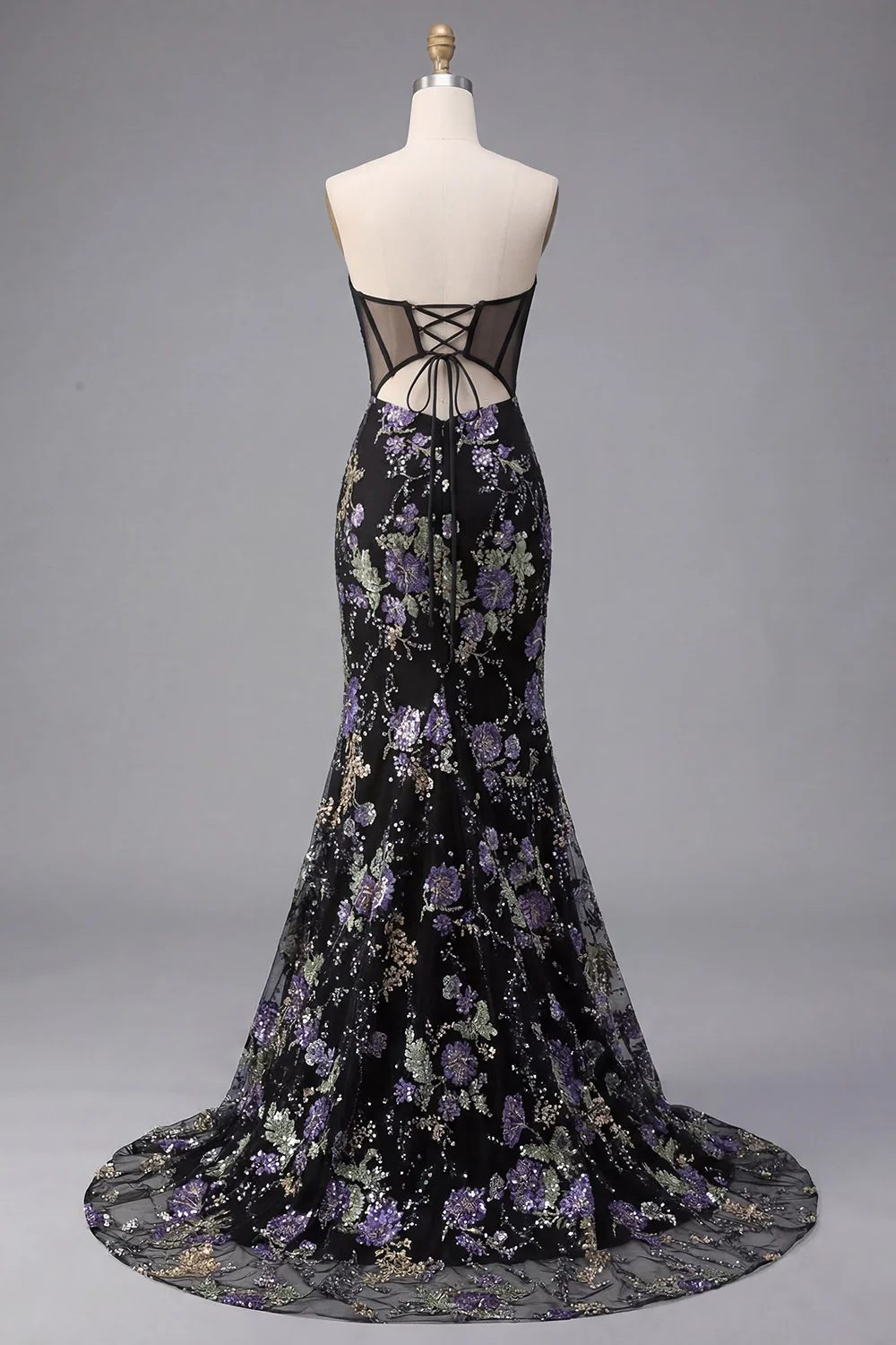 Glamorous Strapless Corset Beaded Floral Lace-Up Back Mermaid Prom Dress with High Slit