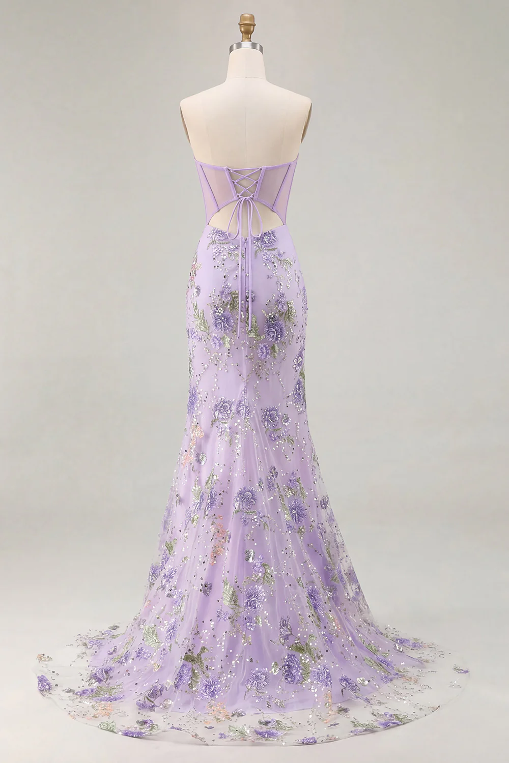 Glamorous Strapless Corset Beaded Floral Lace-Up Back Mermaid Prom Dress with High Slit