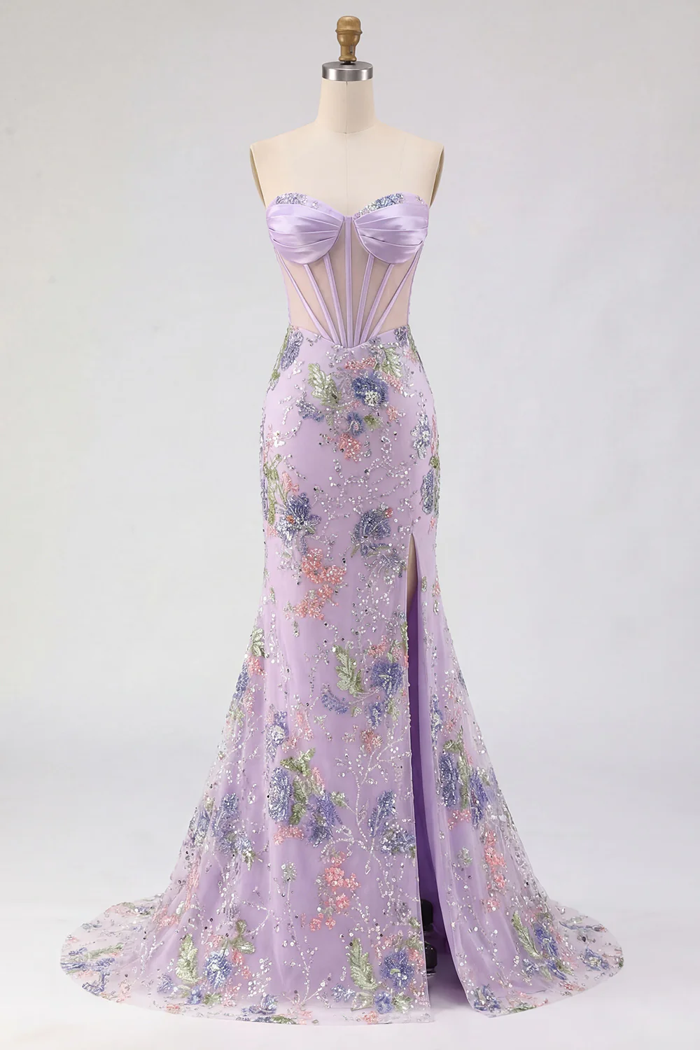 Glamorous Strapless Corset Beaded Floral Lace-Up Back Mermaid Prom Dress with High Slit