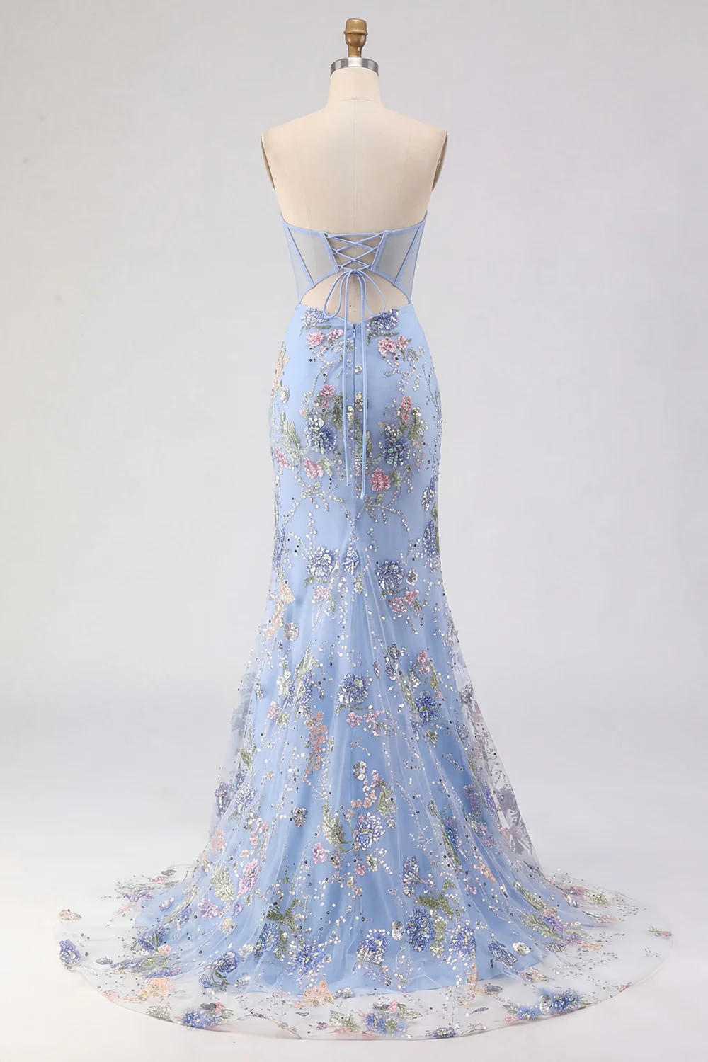 Glamorous Strapless Corset Beaded Floral Lace-Up Back Mermaid Prom Dress with High Slit