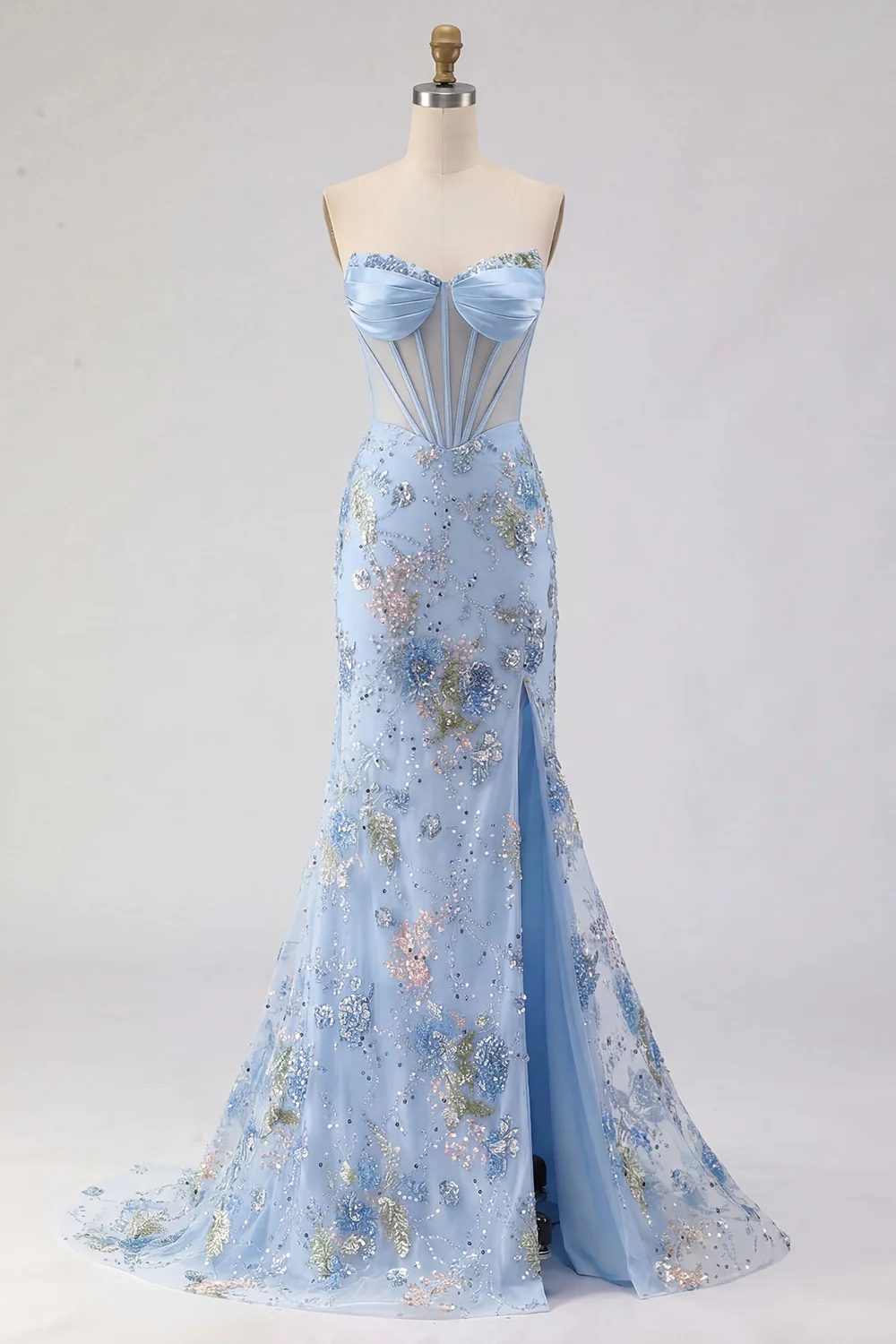 Glamorous Strapless Corset Beaded Floral Lace-Up Back Mermaid Prom Dress with High Slit