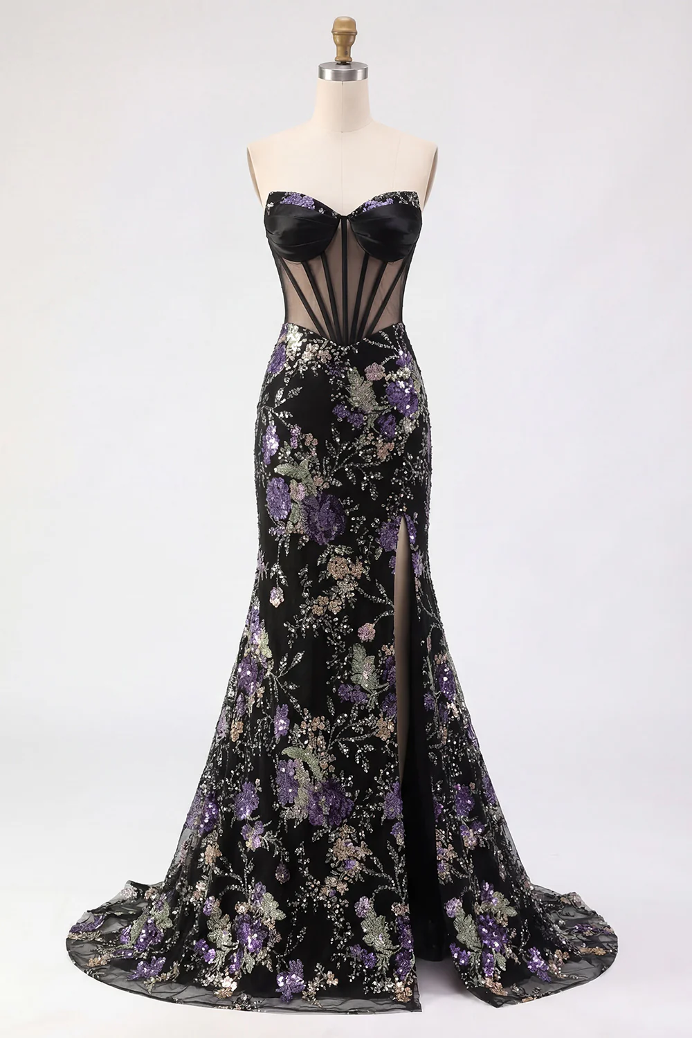 Glamorous Strapless Corset Beaded Floral Lace-Up Back Mermaid Prom Dress with High Slit