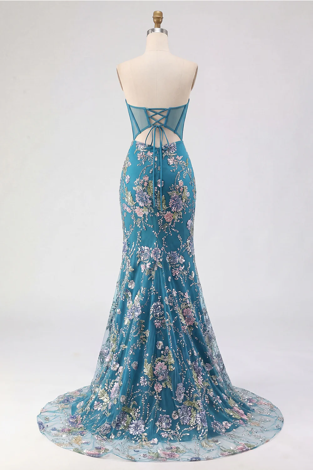 Glamorous Strapless Corset Beaded Floral Lace-Up Back Mermaid Prom Dress with High Slit