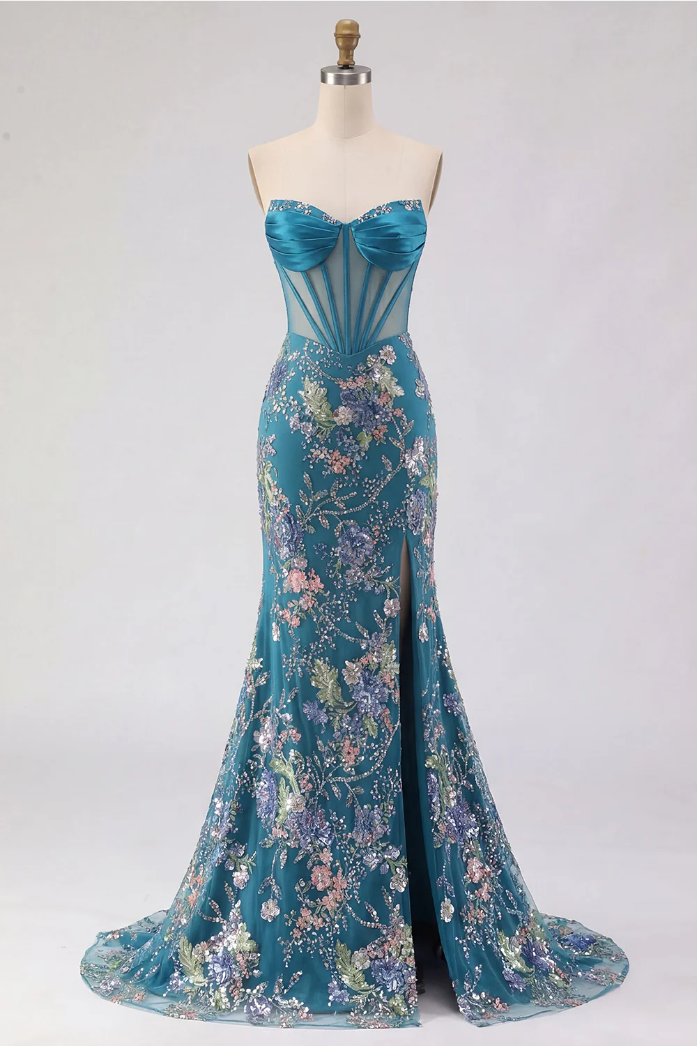 Glamorous Strapless Corset Beaded Floral Lace-Up Back Mermaid Prom Dress with High Slit