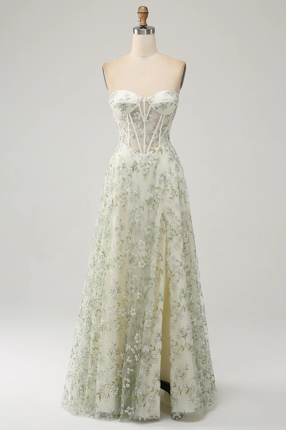 Glamorous Strapless Floral Embroidered Corset Lace-Up Back Tulle Maxi Prom Dress with High Slit