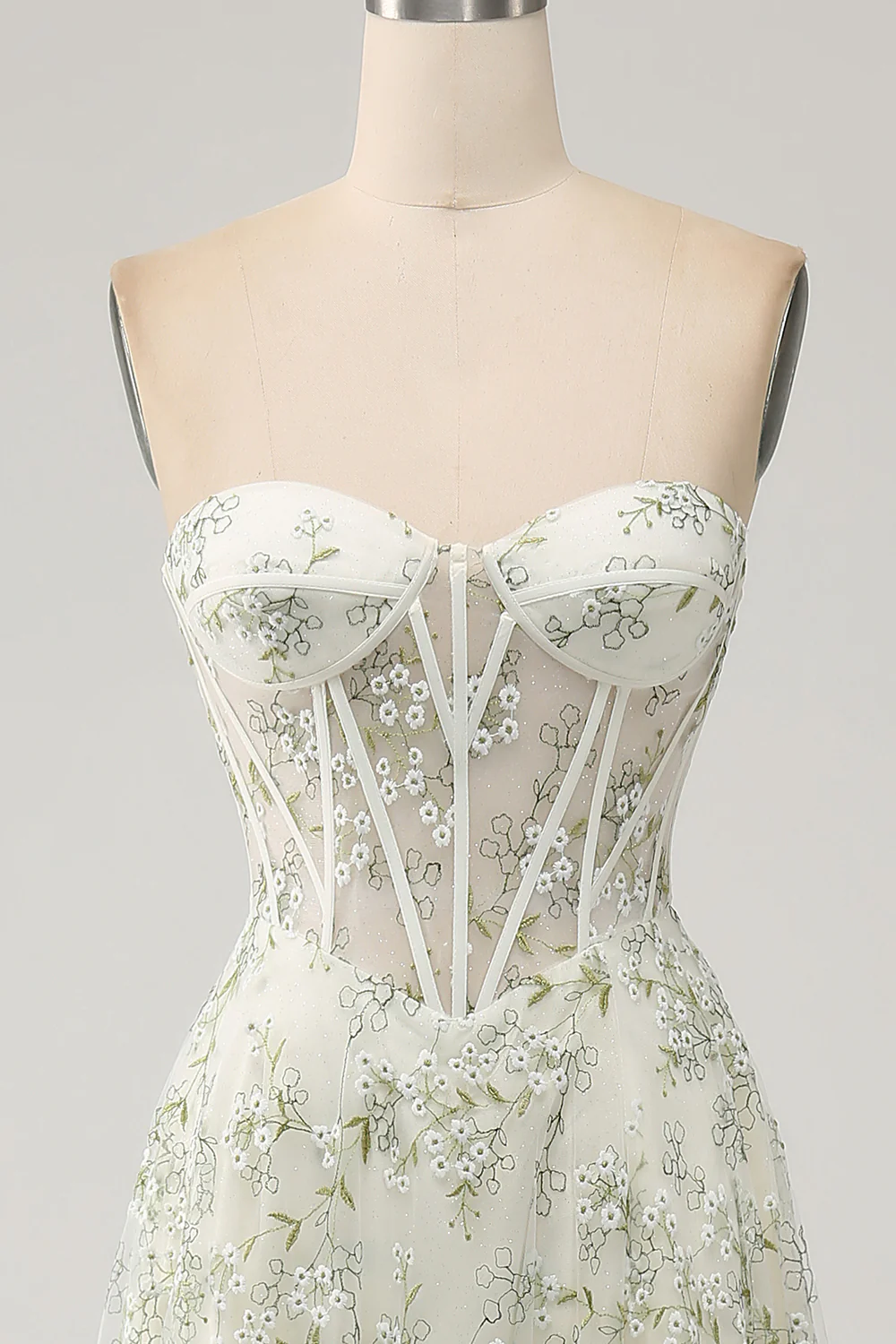 Glamorous Strapless Floral Embroidered Corset Lace-Up Back Tulle Maxi Prom Dress with High Slit