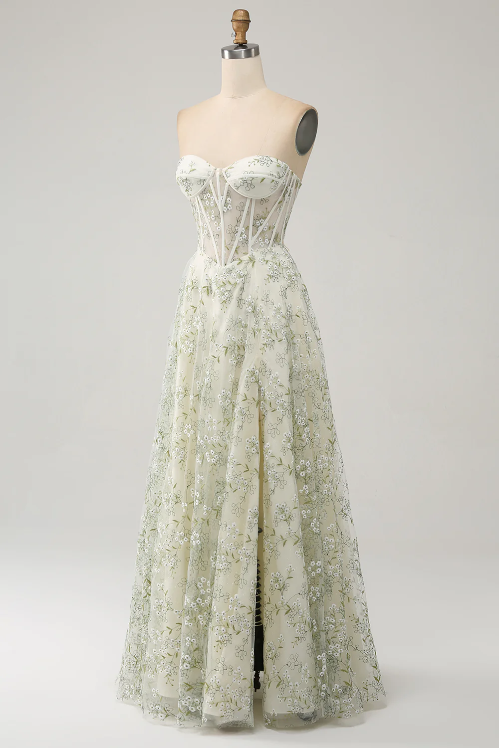 Glamorous Strapless Floral Embroidered Corset Lace-Up Back Tulle Maxi Prom Dress with High Slit