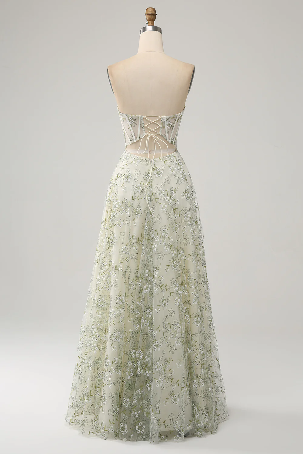 Glamorous Strapless Floral Embroidered Corset Lace-Up Back Tulle Maxi Prom Dress with High Slit