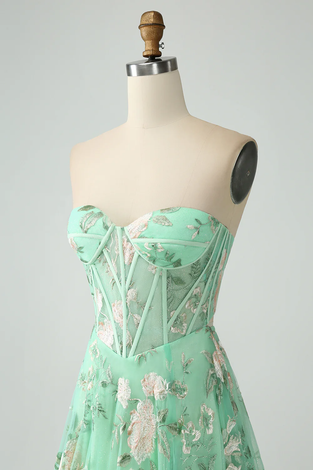 Glamorous Strapless Floral Embroidered Corset Lace-Up Back Tulle Maxi Prom Dress with High Slit