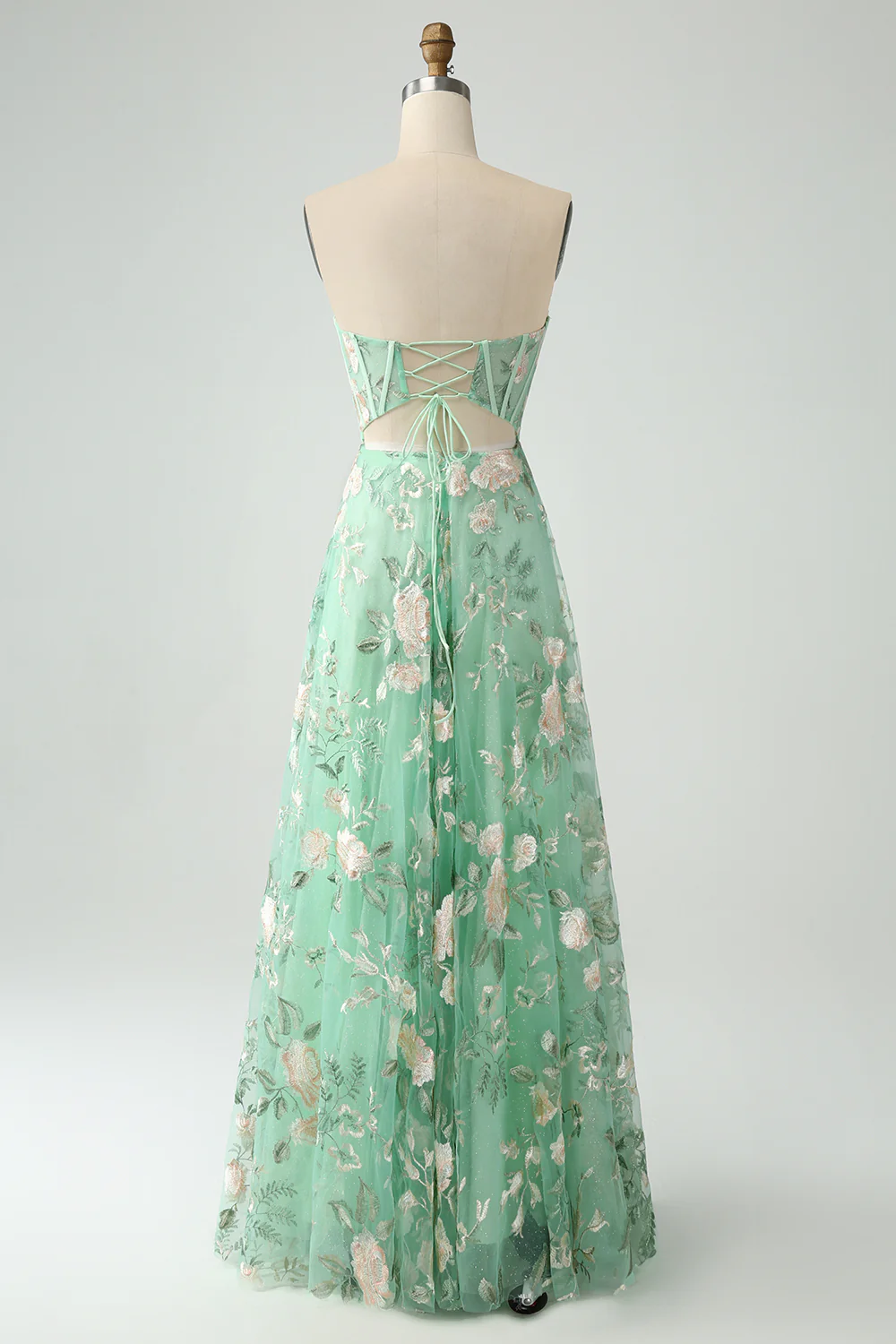 Glamorous Strapless Floral Embroidered Corset Lace-Up Back Tulle Maxi Prom Dress with High Slit