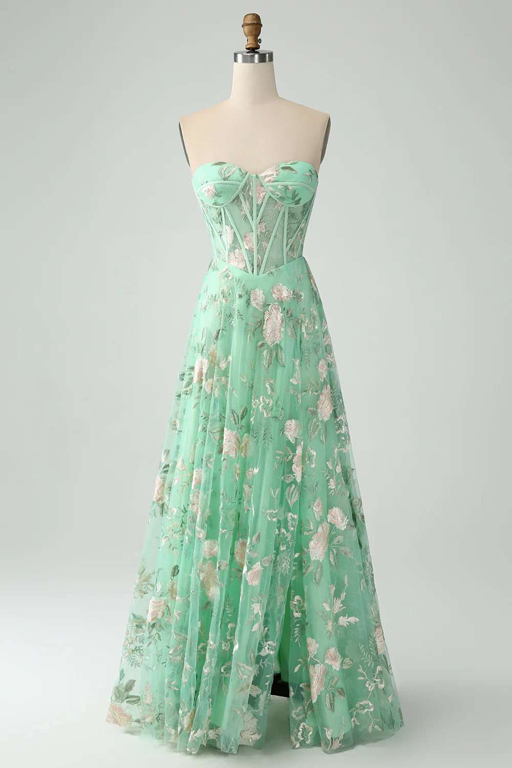 Glamorous Strapless Floral Embroidered Corset Lace-Up Back Tulle Maxi Prom Dress with High Slit