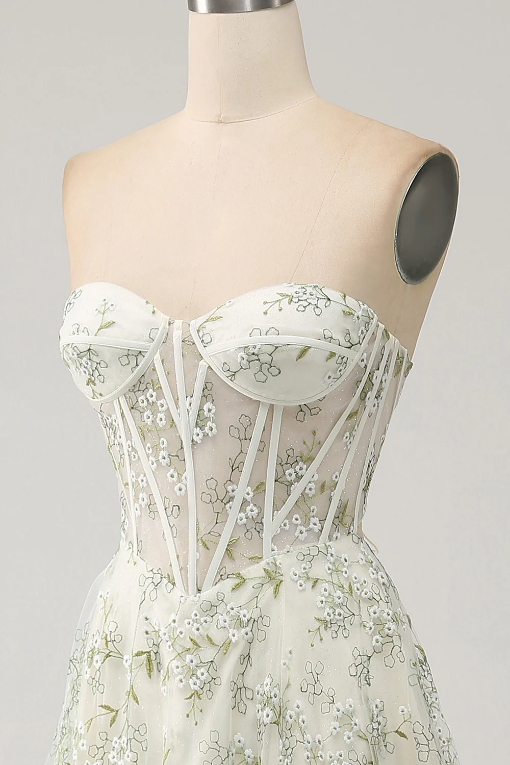 Ivory Tulle A-Line Floor-Length Bridesmaid Dress with Floral Embroidery